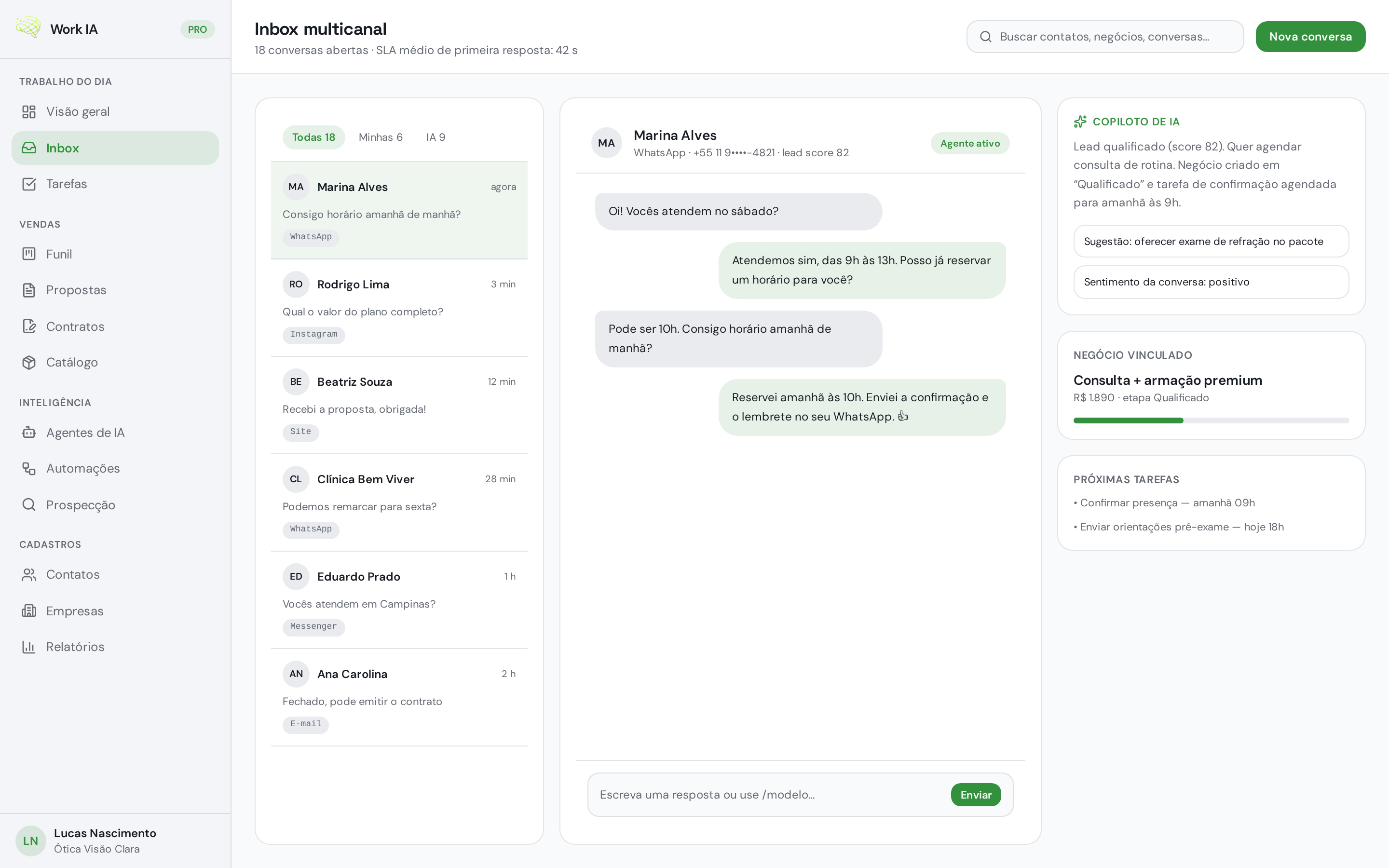Inbox multicanal da Work IA com WhatsApp, Instagram e site na mesma tela